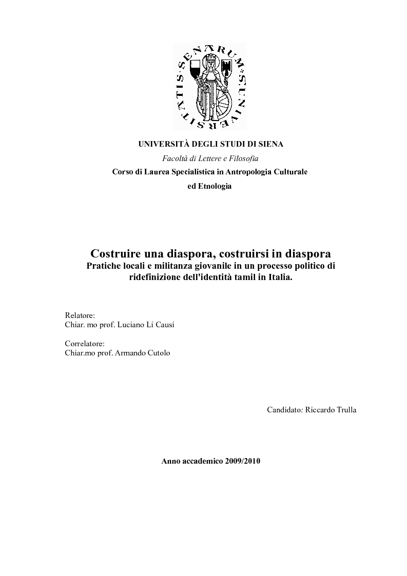 Anteprima della tesi: Costruire una diaspora, costruirsi in diaspora. Pratiche locali e militanza giovanile in un processo politico di ridefinizione dell'identità tamil in Italia., Pagina 1