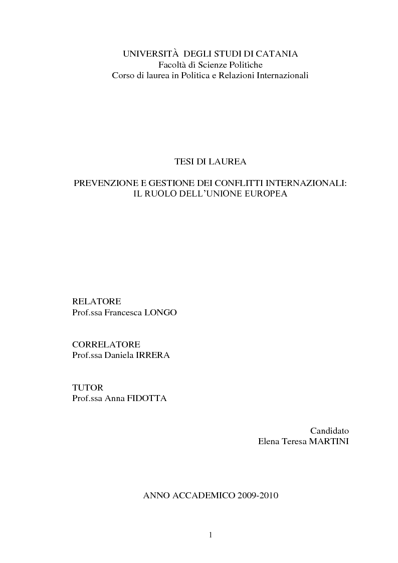 Anteprima della tesi: Prevenzione e gestione delle crisi internazionali: il ruolo dell'Unione Europea, Pagina 1