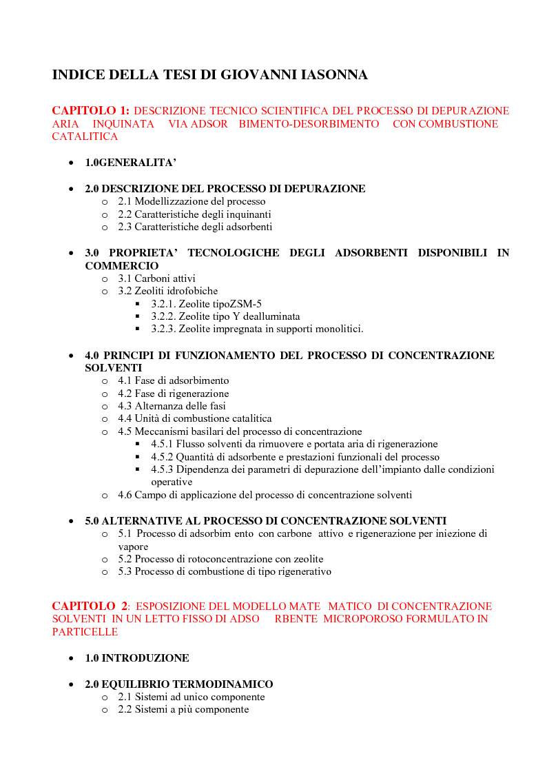 Indice della tesi: Studio sperimentale su un processo di depurazione di aria inquinata da componenti organici volatili, Pagina 1