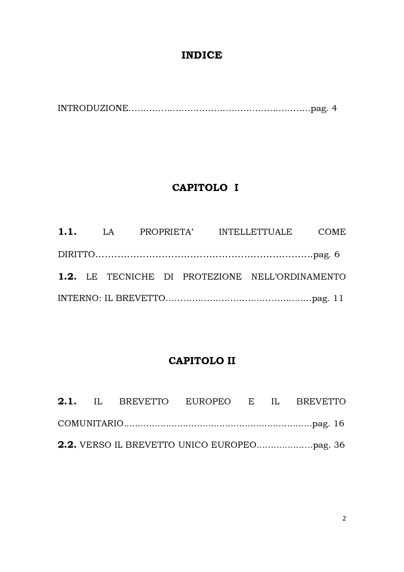 Indice della tesi: Dal brevetto comunitario al brevetto UE, Pagina 1