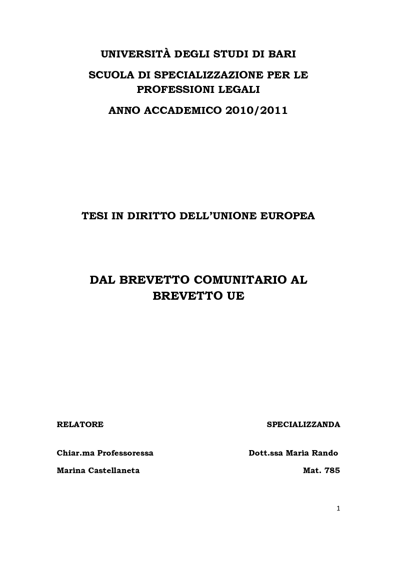 Anteprima della tesi: Dal brevetto comunitario al brevetto UE, Pagina 1