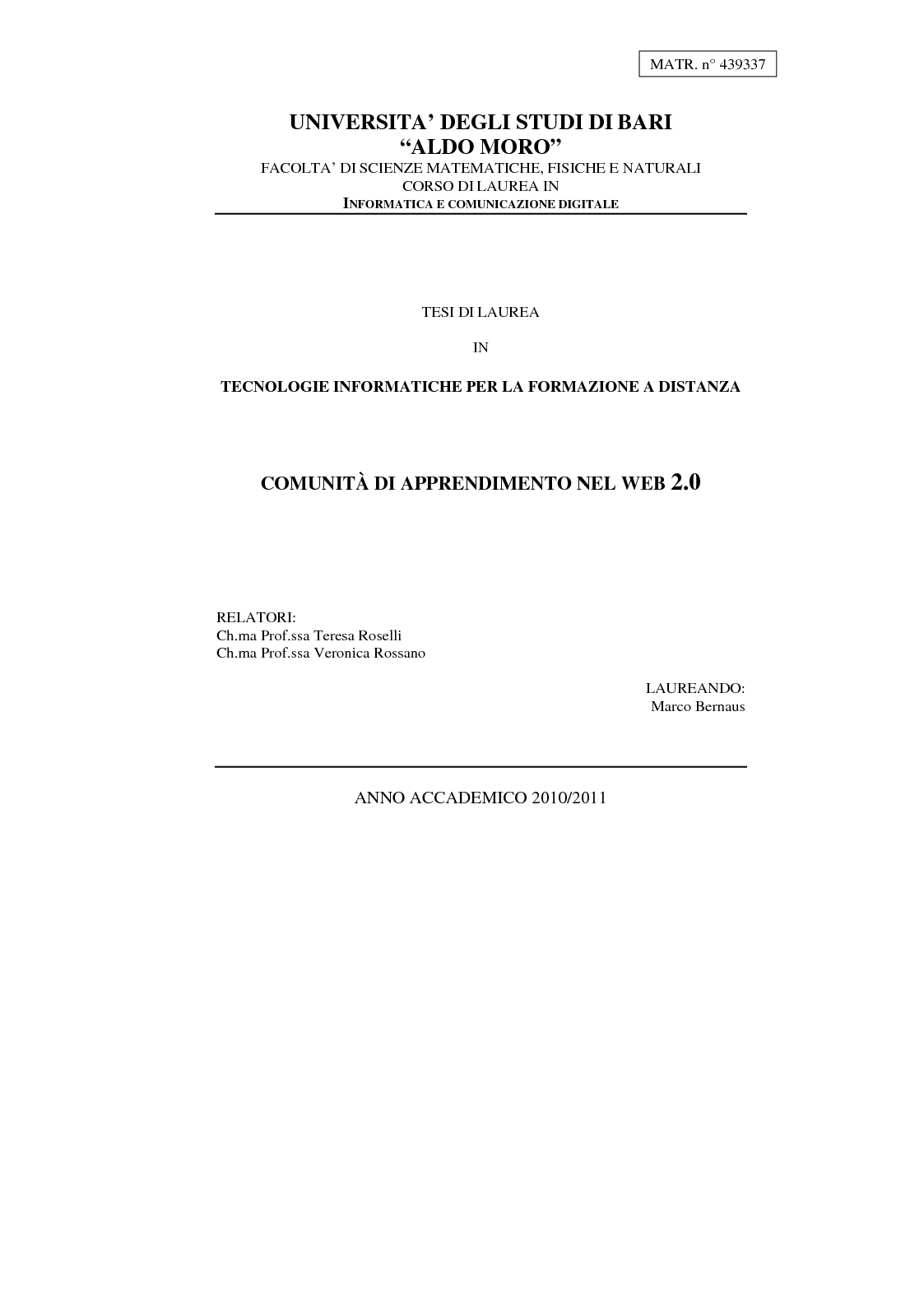 Anteprima della tesi: Comunità di Apprendimento nel Web 2.0, Pagina 1