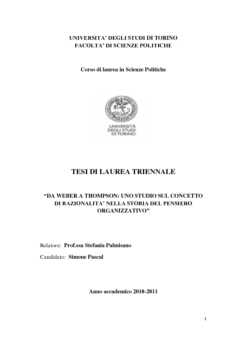Anteprima della tesi: Da Weber a Thompson : uno studio sul concetto di razionalità nella storia del pensiero organizzativo., Pagina 1