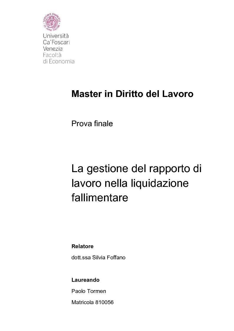 Anteprima della tesi: Gestione del rapporto di lavoro nella liquidazione fallimentare, Pagina 1