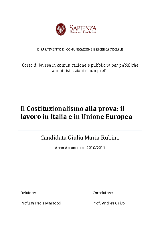 Anteprima della tesi: Il Costituzionalismo alla prova: il lavoro in Italia e in Unione Europea, Pagina 1