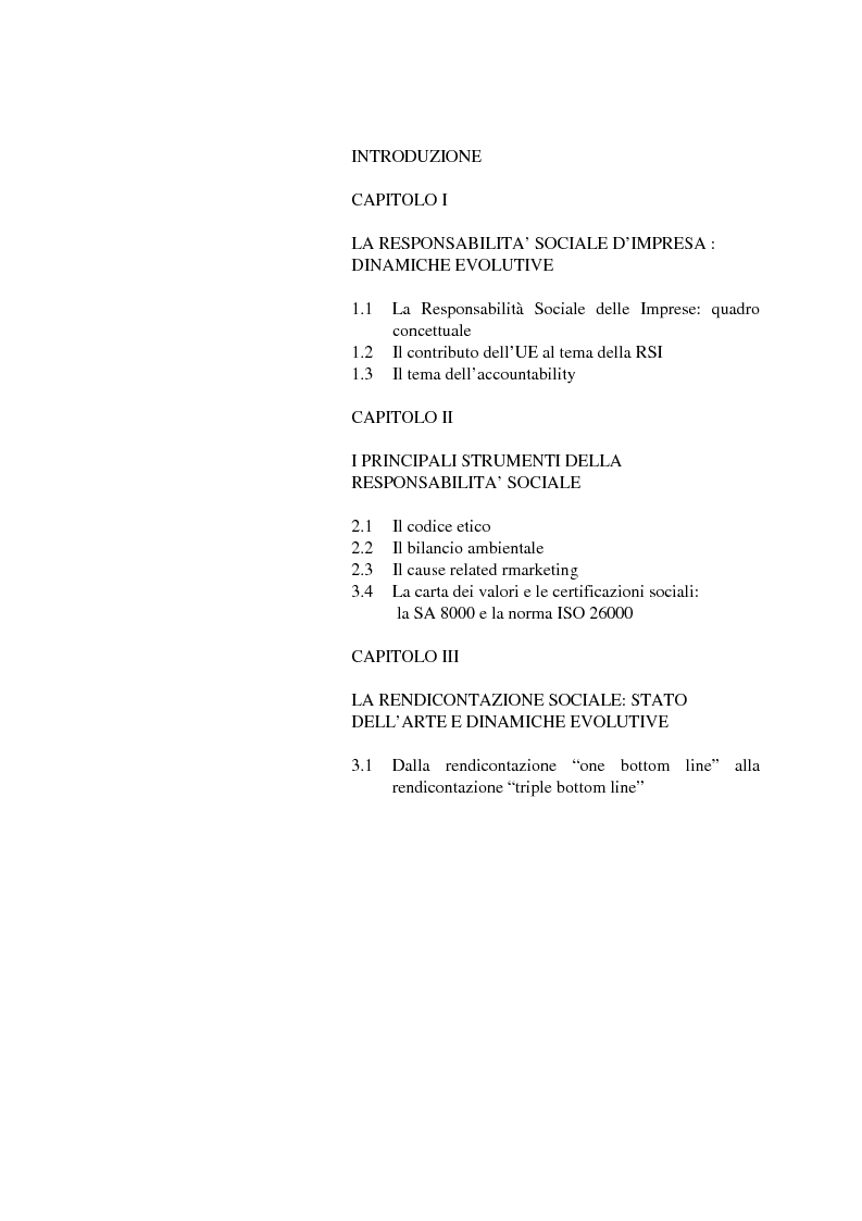 Indice della tesi: La rendicontazione socio-ambientale: stato dell'arte e dinamiche evolutive, Pagina 1