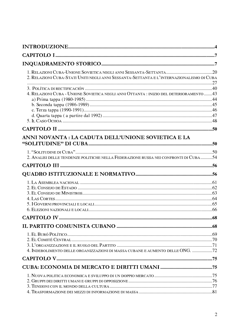 Indice della tesi: Cuba: Dall’URSS al dopo Fidel, Pagina 1