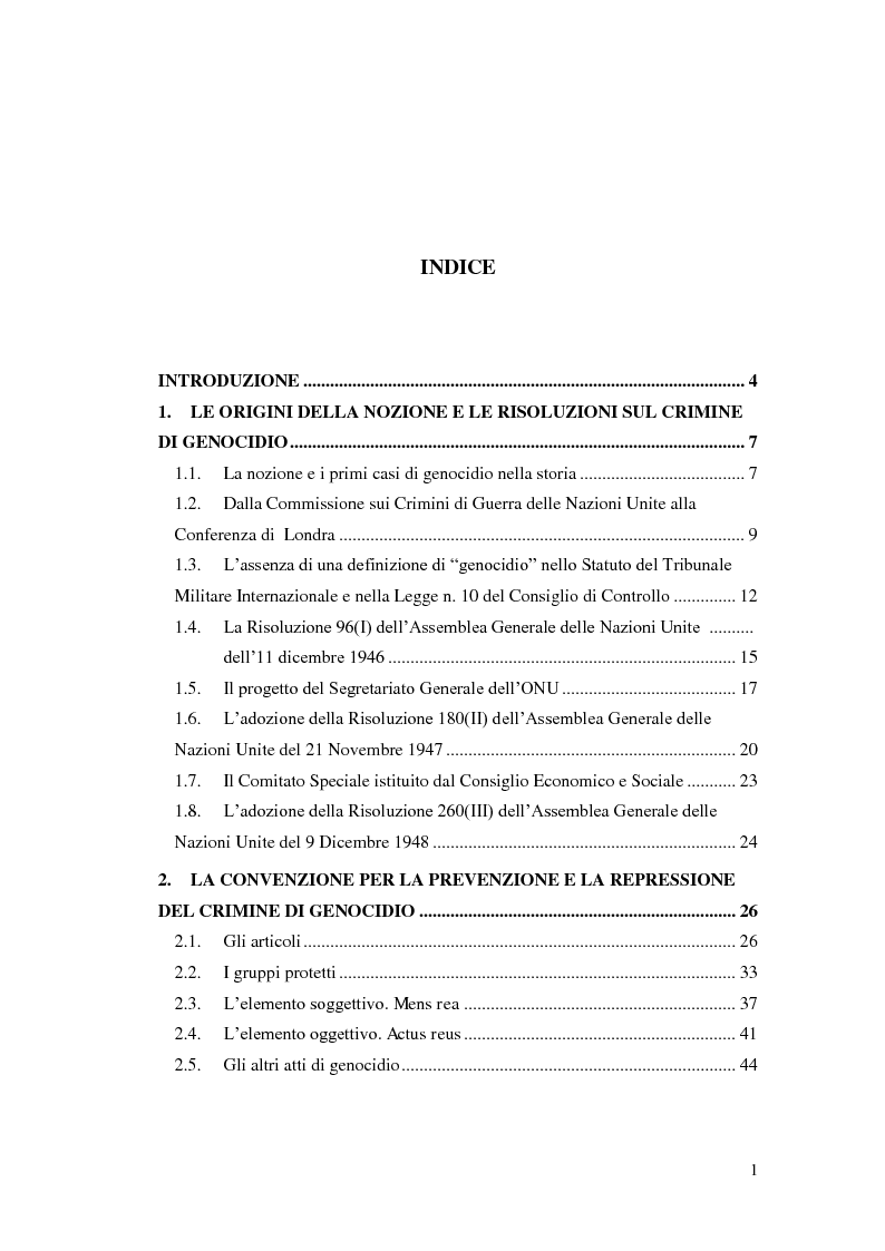 Indice della tesi: La responsabilità internazionale degli stati per atti di genocidio, Pagina 1