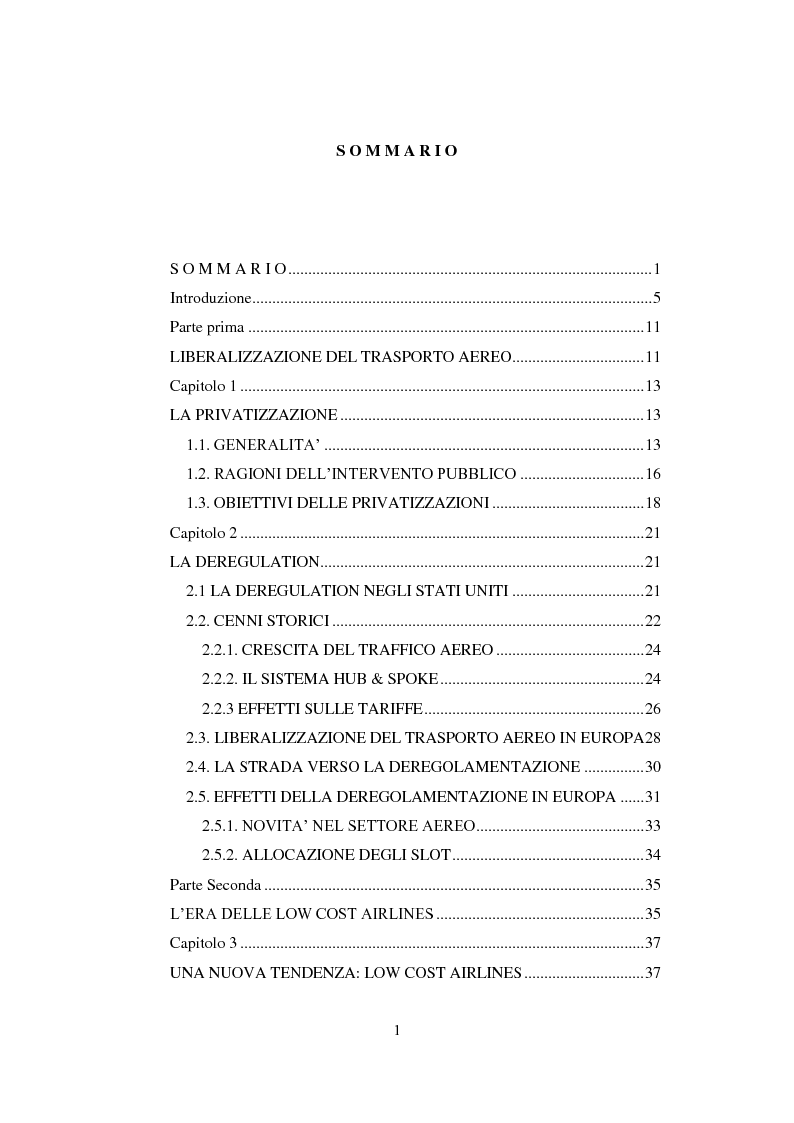 Indice della tesi: Modello di business low cost nel trasporto aereo, Pagina 1