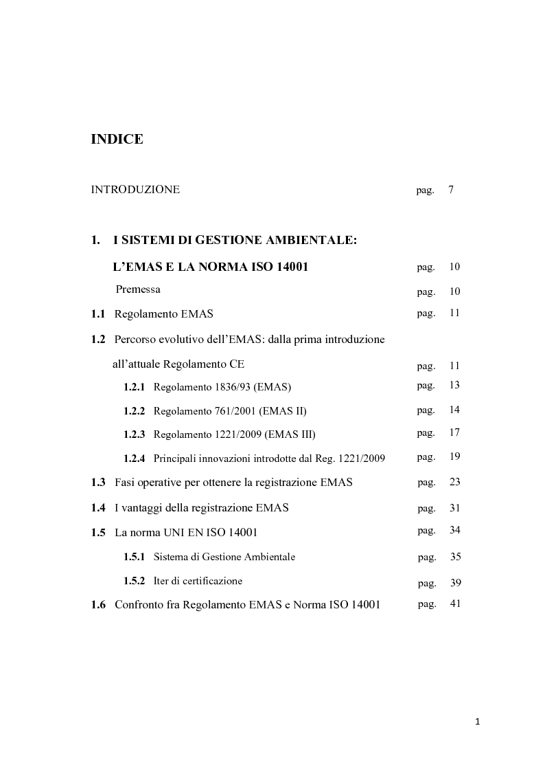 Indice della tesi: Il Regolamento EMAS e la valutazione degli aspetti ambientali relativa all'impianto PKS della Centrale E.ON di Fiume Santo, Pagina 1