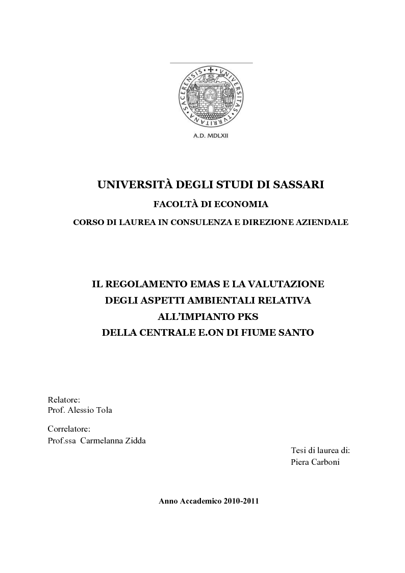 Anteprima della tesi: Il Regolamento EMAS e la valutazione degli aspetti ambientali relativa all'impianto PKS della Centrale E.ON di Fiume Santo, Pagina 1