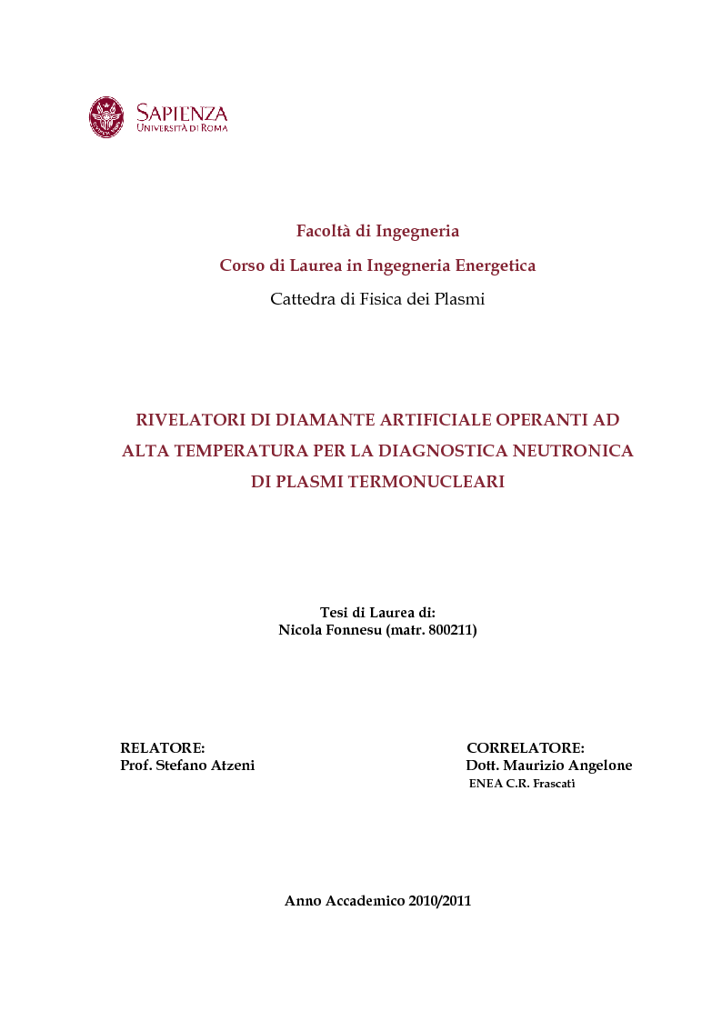 Anteprima della tesi: Rivelatori di diamante artificiale operanti ad alta temperatura per la diagnostica neutronica di plasmi termonucleari, Pagina 1
