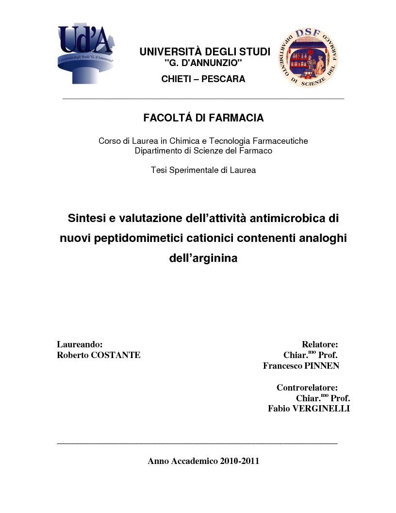 Anteprima della tesi: Sintesi e valutazione dell'attività antimicrobica di nuovi peptidomimetici cationici contenenti analoghi dell'arginina, Pagina 1