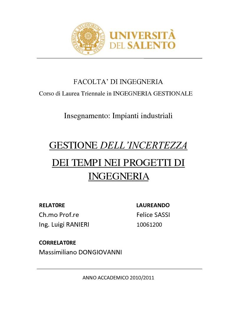 Anteprima della tesi: Gestione dell'incertezza dei tempi nei progetti di ingegneria, Pagina 1