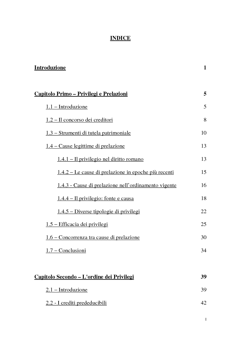Indice della tesi: Il piano di riparto nel fallimento., Pagina 1