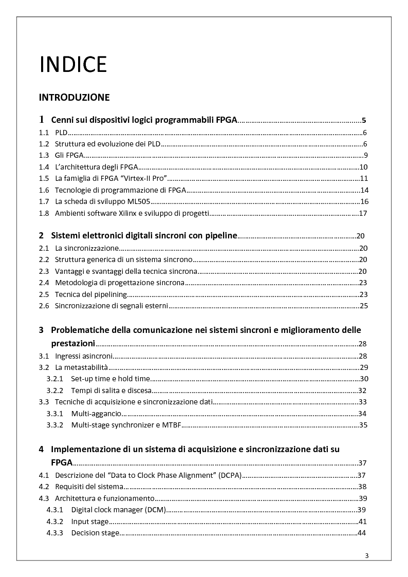 Indice della tesi: Progetto e realizzazione su FPGA di un sistema di acquisizione e sincronizzazione dati, Pagina 1