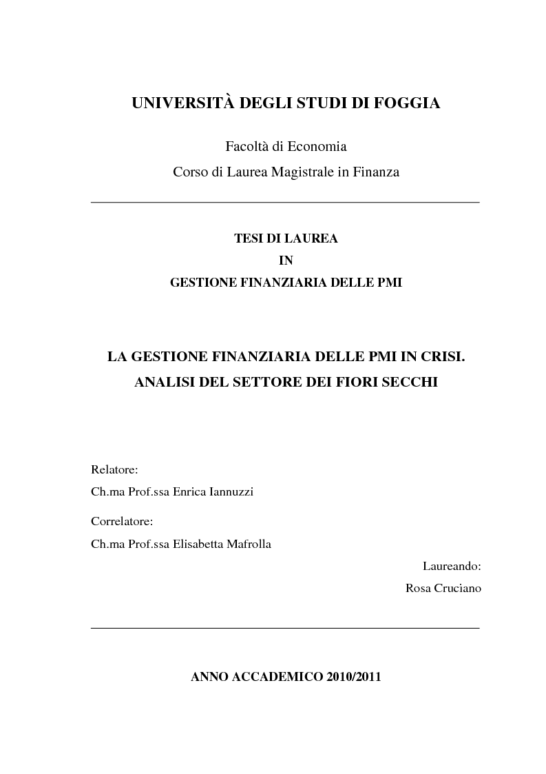 Anteprima della tesi: La gestione finanziaria delle PMI in crisi. Analisi del settore dei fiori secchi, Pagina 1