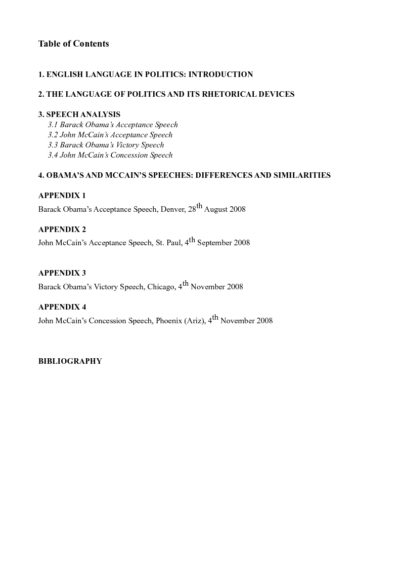 Indice della tesi: The English of Politics - The Language of Barack Obama and John McCain, Pagina 1