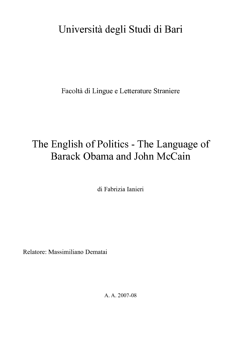 Anteprima della tesi: The English of Politics - The Language of Barack Obama and John McCain, Pagina 1