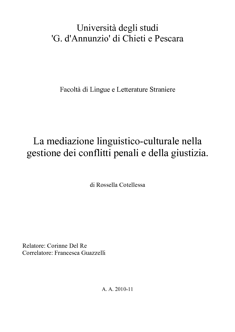 Anteprima della tesi: La mediazione linguistico-culturale nella gestione dei conflitti penali e della giustizia., Pagina 1