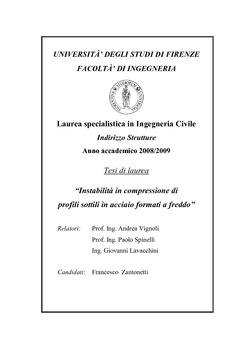 Anteprima della tesi: Instabilità in compressione di profili sottili in acciaio formati a freddo, Pagina 1