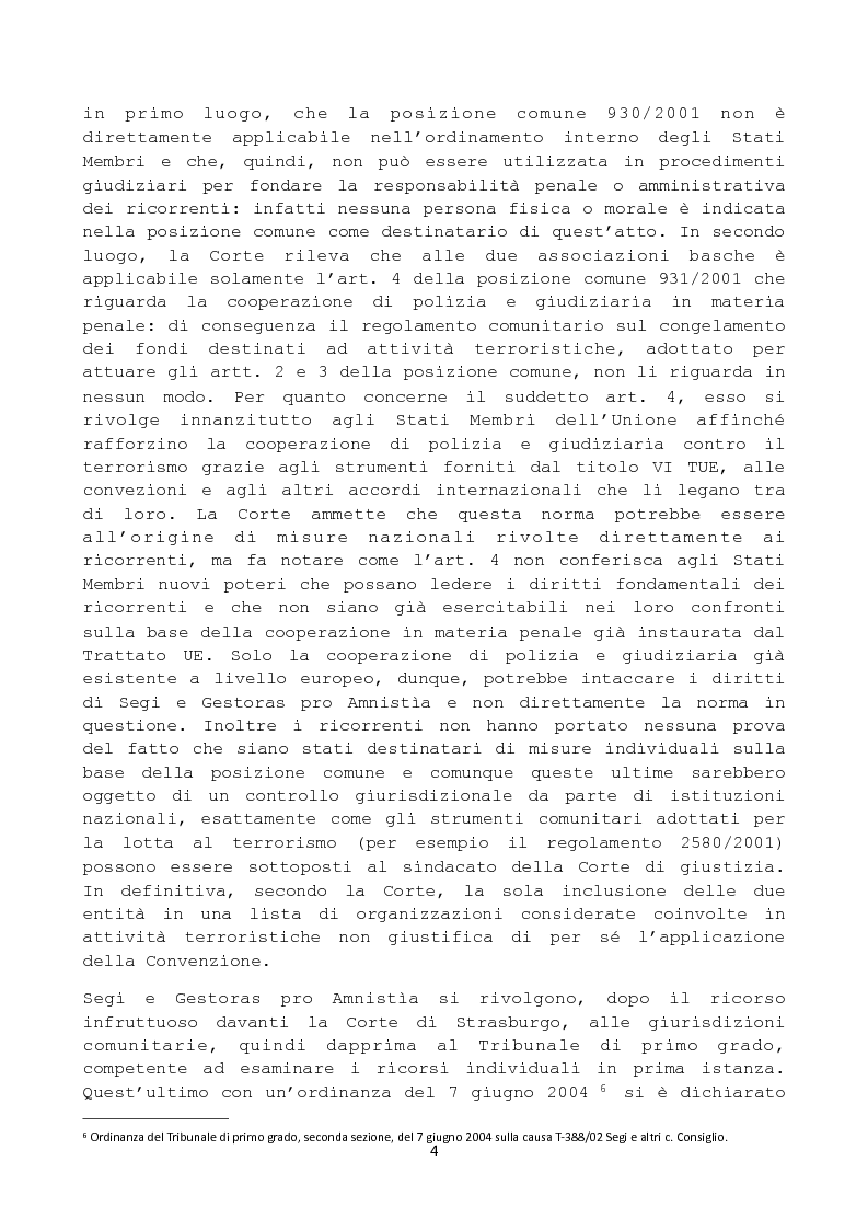 Anteprima della tesi: Segi e Gestoras Pro Amnistìa: limiti e prospettive della tutela giurisdizionale nel terzo pilastro, Pagina 4