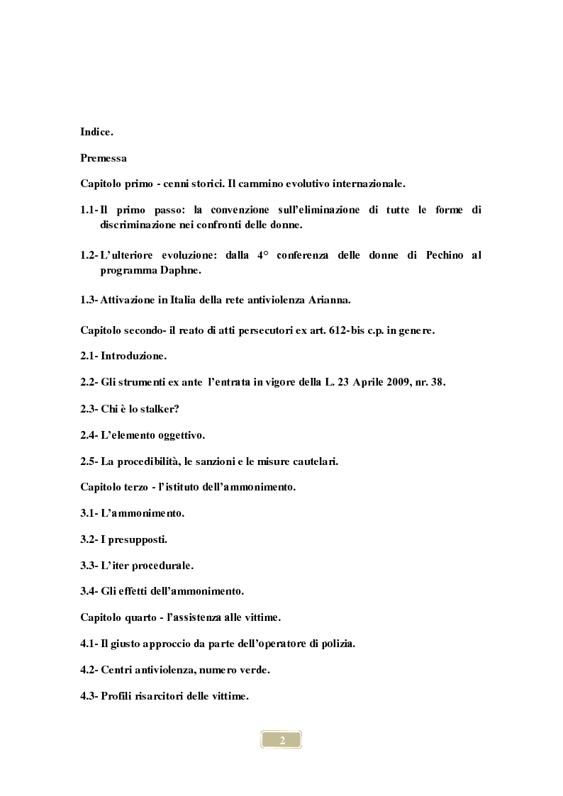 Indice della tesi: Stalking - L'istituto dell'ammonimento, Pagina 1
