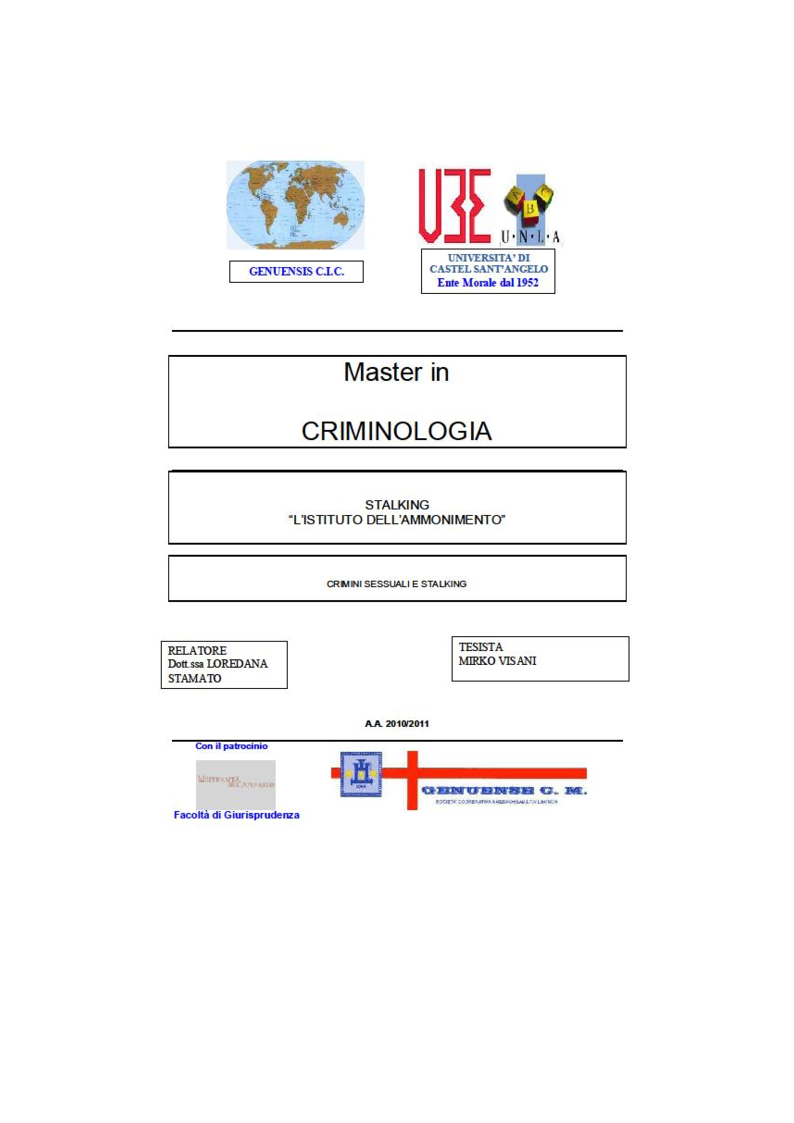 Anteprima della tesi: Stalking - L'istituto dell'ammonimento, Pagina 1