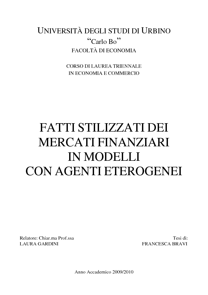 Anteprima della tesi: Fatti stilizzati dei mercati finanziari in modelli con agenti eterogenei, Pagina 1