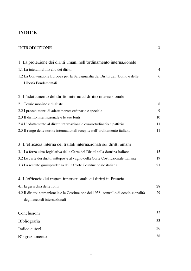 Indice della tesi: Il recepimento delle Convenzioni internazionali sui diritti: Italia e Francia a confronto. , Pagina 1