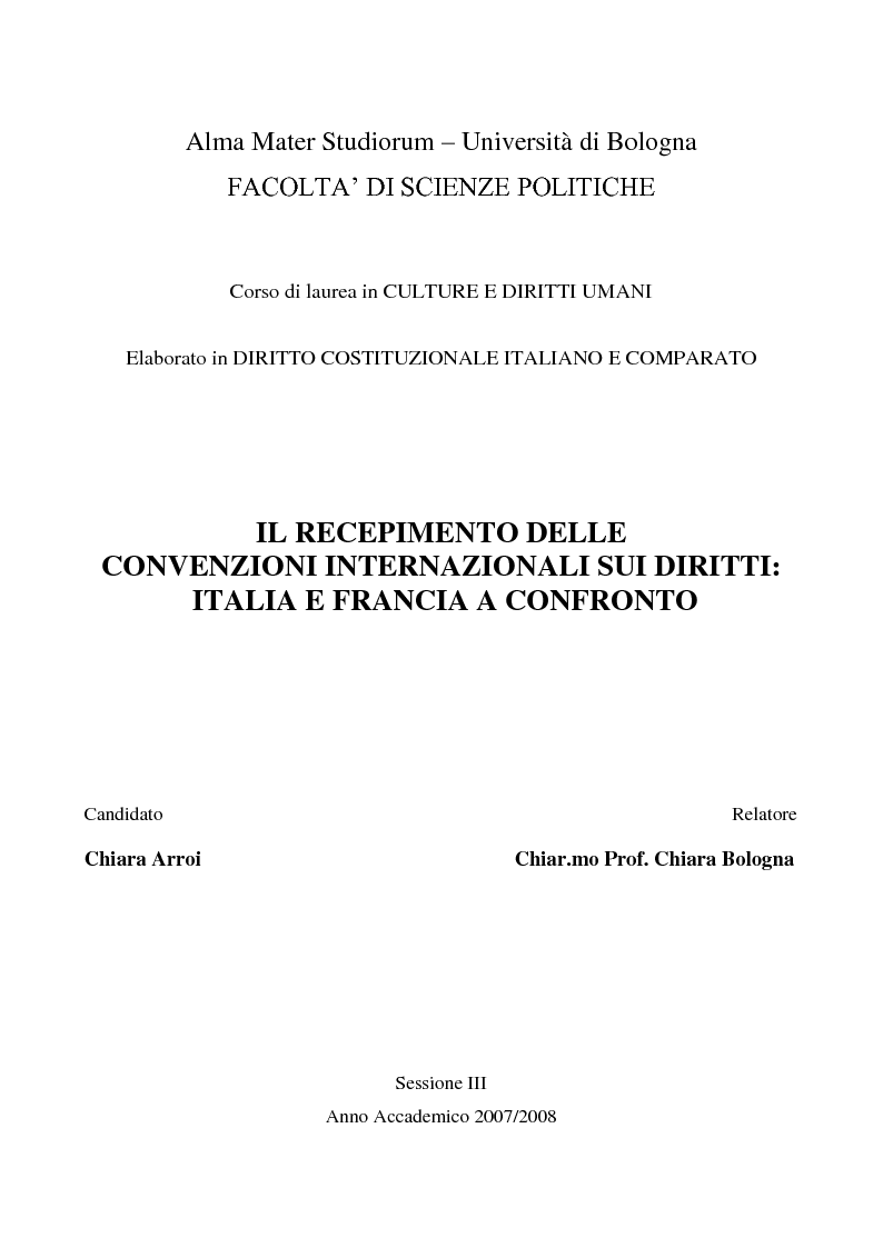 Anteprima della tesi: Il recepimento delle Convenzioni internazionali sui diritti: Italia e Francia a confronto. , Pagina 1
