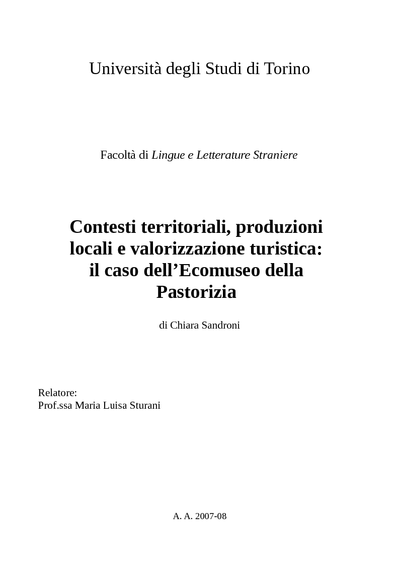Anteprima della tesi: Contesti territoriali, produzioni locali e valorizzazione turistica: il caso dell’Ecomuseo della Pastorizia, Pagina 1
