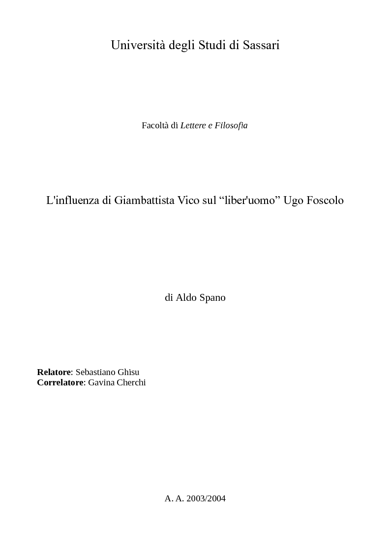 Anteprima della tesi: L'influenza di Giambattista Vico sul ''liber'uomo'' Ugo Foscolo, Pagina 1