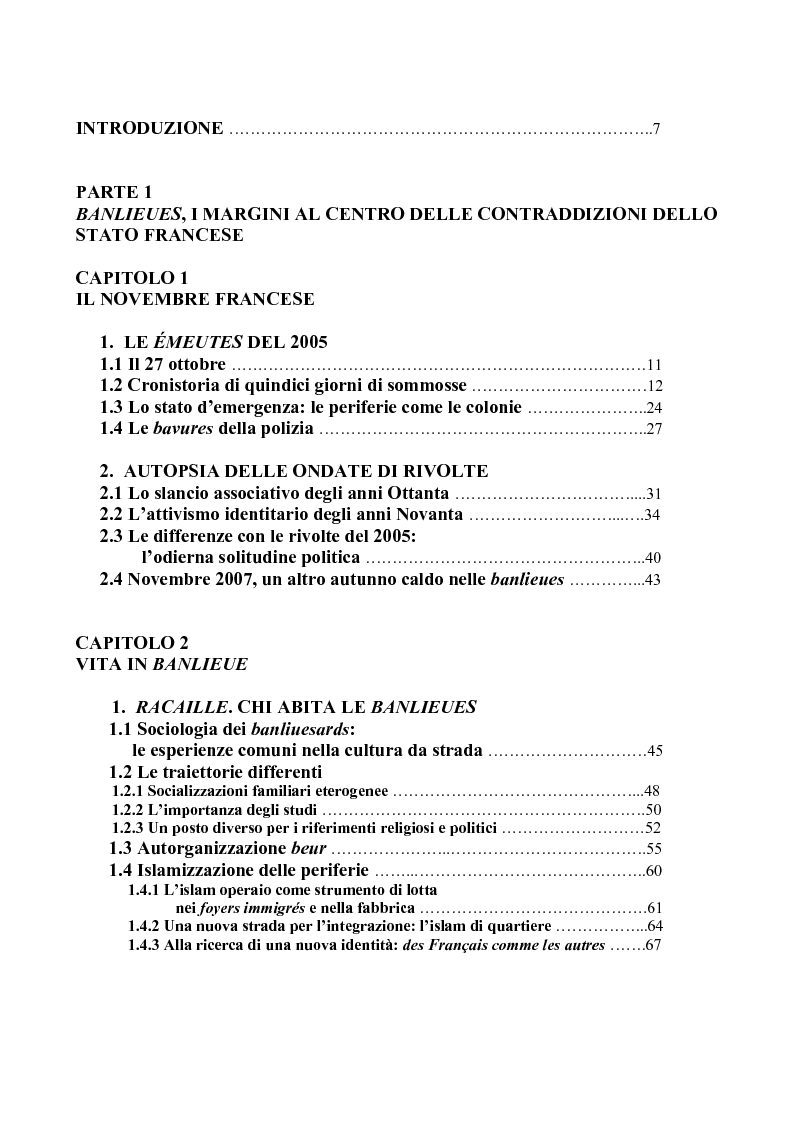 Indice della tesi: L'immigrazione in Francia: la crisi nelle banlieues del modello d'integrazione repubblicano e i tentativi di riforma di Sarkozy, Pagina 1