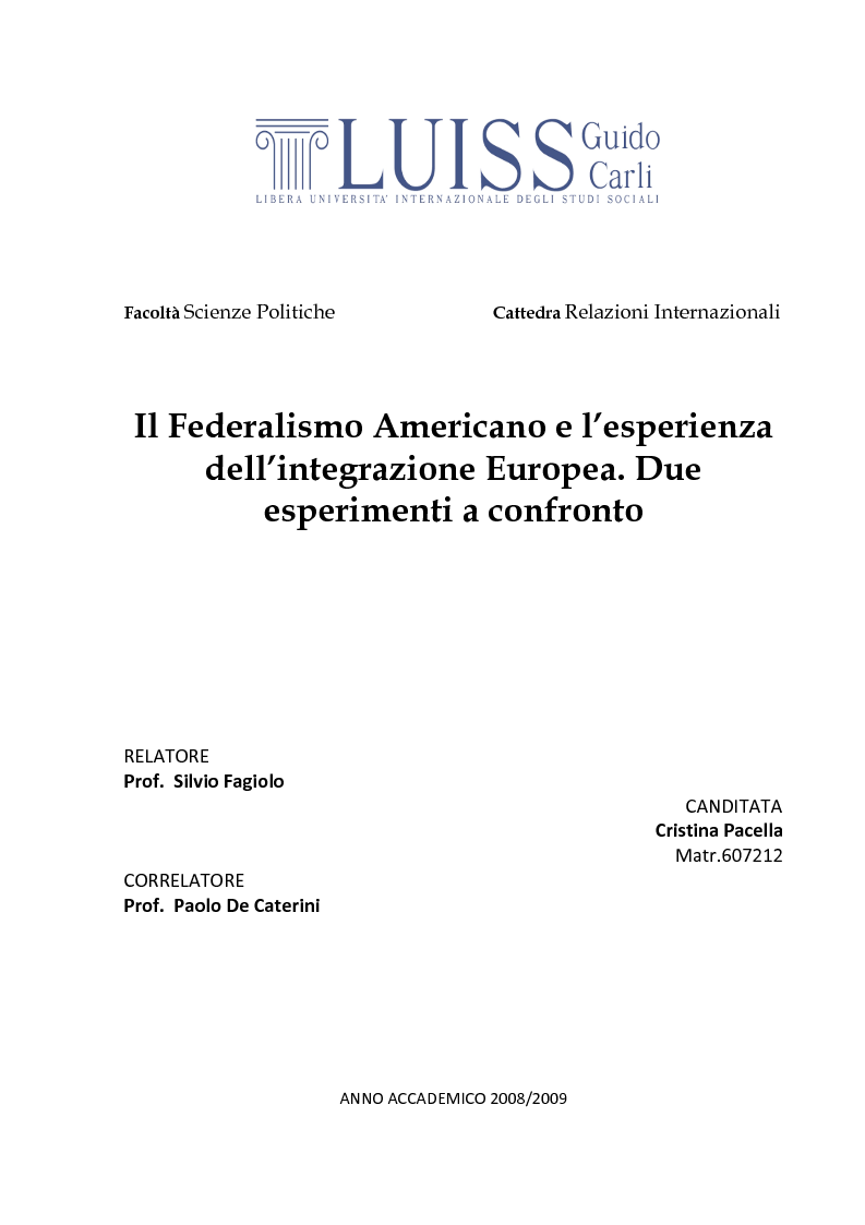 Anteprima della tesi: Il Federalismo Americano e l’esperienza dell’integrazione Europea. Due esperimenti a confronto, Pagina 1