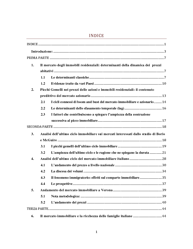 Indice della tesi: Il mercato immobiliare italiano: evidenze empiriche ed effetti sulla ricchezza delle famiglie, Pagina 1