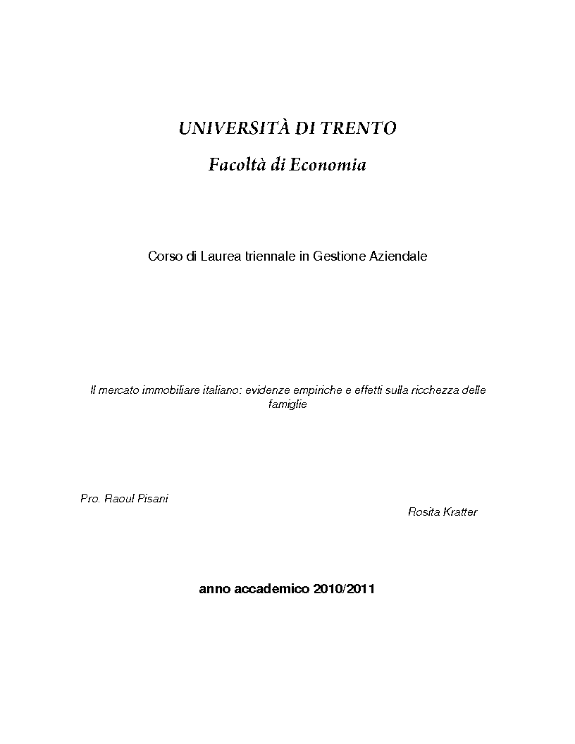 Anteprima della tesi: Il mercato immobiliare italiano: evidenze empiriche ed effetti sulla ricchezza delle famiglie, Pagina 1