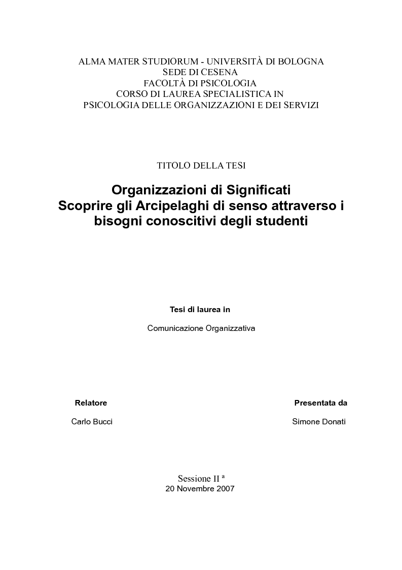 Anteprima della tesi: Organizzazioni di Significati. Scoprire gli Arcipelaghi di senso attraverso i bisogni conoscitivi degli studenti., Pagina 1
