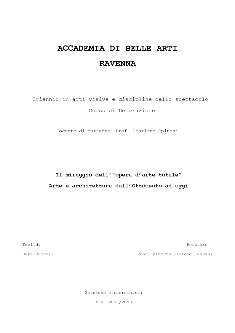 Anteprima della tesi: Il miraggio dell' "opera d'arte totale". Arte ed Architettura dall'Ottocento ad oggi, Pagina 1