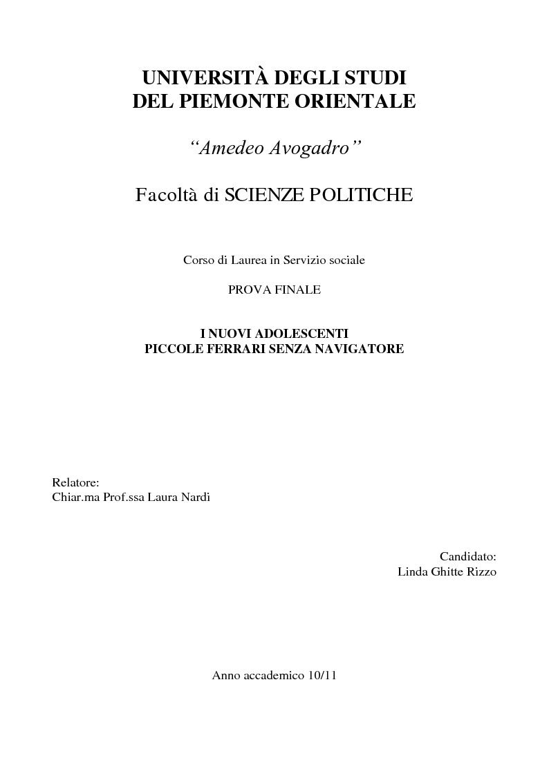 Anteprima della tesi: I nuovi adolescenti. Piccole Ferrari senza navigatore, Pagina 1