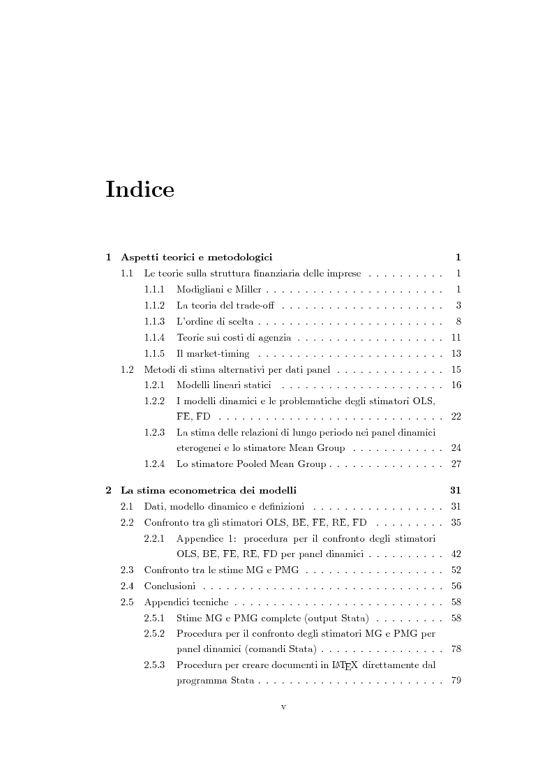 Indice della tesi: Metodi di stima alternativi per panel dinamici: un'applicazione alle teorie di finanziamento delle imprese, Pagina 1