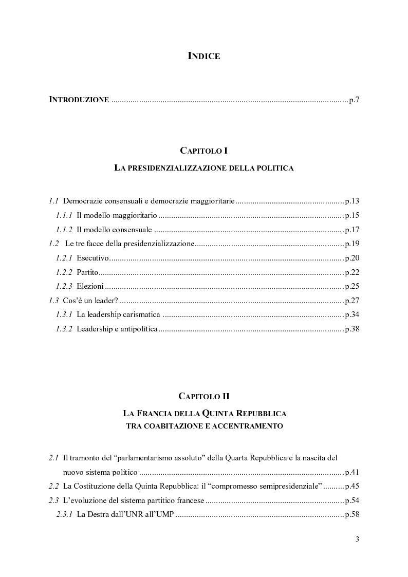 Indice della tesi: La presidenzializzazione della politica in Europa: le leadership di Nicolas Sarkozy e José Luis Rodriguez Zapatero, Pagina 1