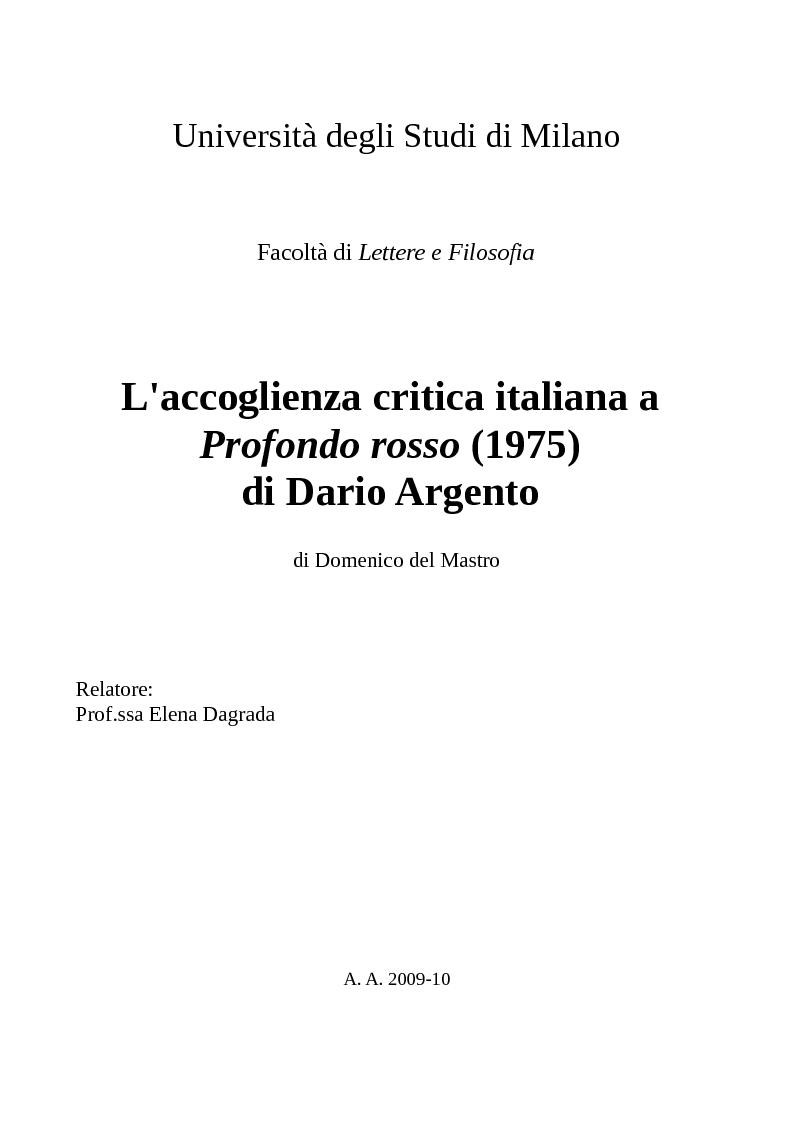 Anteprima della tesi: L'accoglienza critica italiana a "Profondo Rosso" (1975) di Dario Argento, Pagina 1