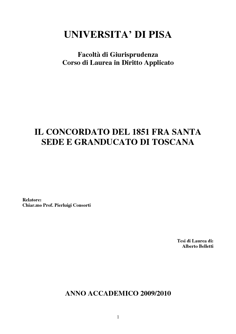 Anteprima della tesi: Il Concordato del 1851 fra Santa Sede e Granducato di Toscana, Pagina 1