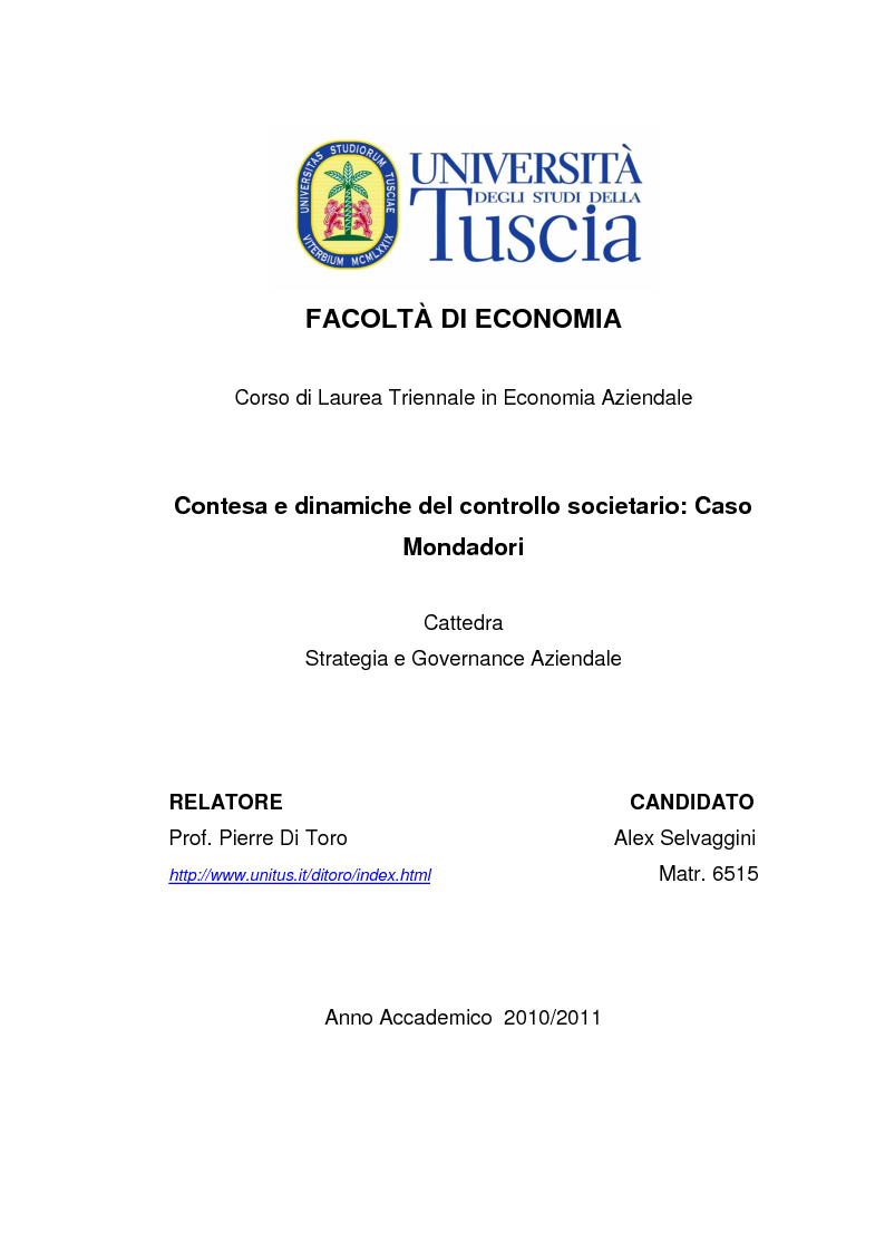 Anteprima della tesi: Contesa e dinamiche del controllo societario: Caso Mondadori, Pagina 1