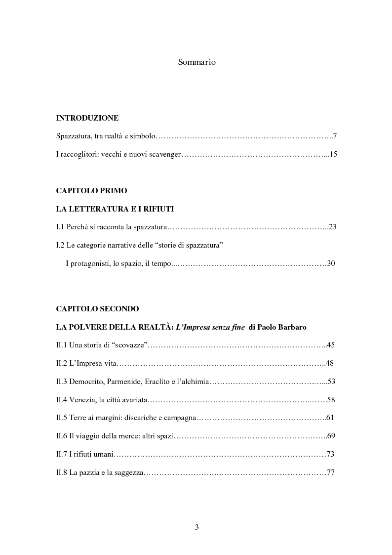 Indice della tesi: “Narrare i rifiuti. Le immagini della spazzatura nei romanzi di Barbaro, Teobaldi e Riccarelli”, Pagina 1