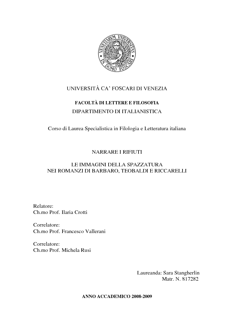 Anteprima della tesi: “Narrare i rifiuti. Le immagini della spazzatura nei romanzi di Barbaro, Teobaldi e Riccarelli”, Pagina 1