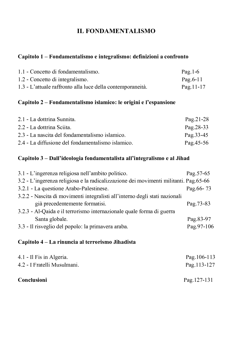Indice della tesi: Il Fondamentalismo, Pagina 1