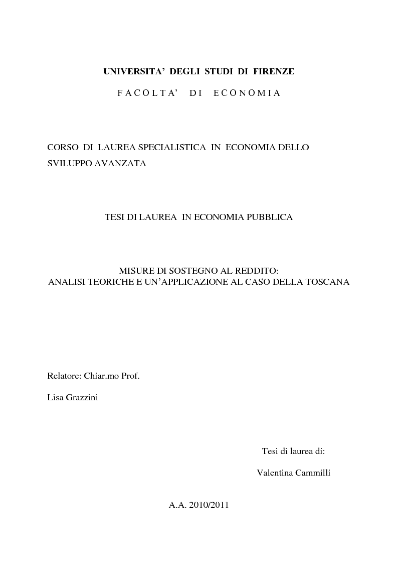Anteprima della tesi: Misure di sostegno al reddito: analisi teoriche e un'applicazione al caso della Toscana, Pagina 1
