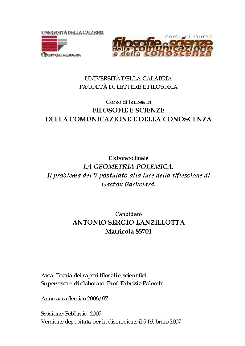 Anteprima della tesi: La geometria polemica. Il problema del V postulato alla luce della riflessione di Gaston Bachelard, Pagina 1